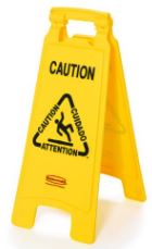 "Caution" Floor Sign, 2-Sided, 26", Yellow - Multilingual - Rubbermaid