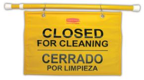 "Closed For Cleaning" Hanging Doorway Safety Sign, Yellow - Multilingual - Rubbermaid